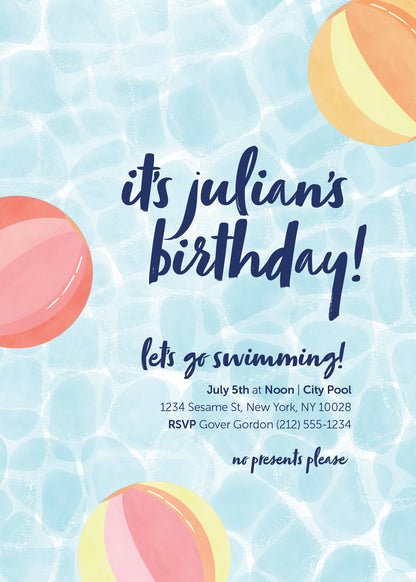 Let's Go Swimming Beachballs Invitation Pink