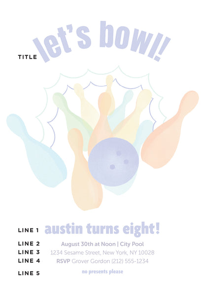 Bowling Birthday Invitation Blue