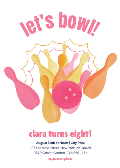 Bowling Birthday Invitation Pink