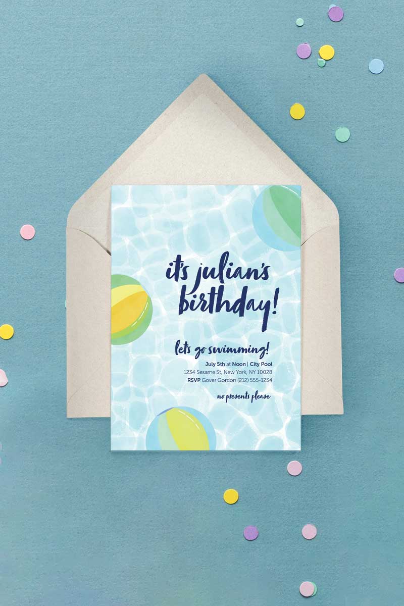 Let's Go Swimming Beachballs Invitation Green