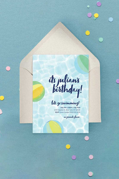 Let's Go Swimming Beachballs Invitation Green