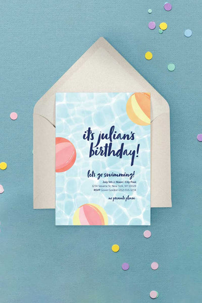 Let's Go Swimming Beachballs Invitation Pink