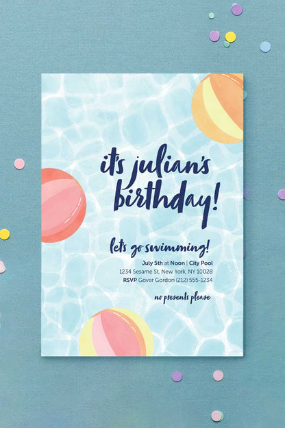 Let's Go Swimming Beachballs Invitation Pink