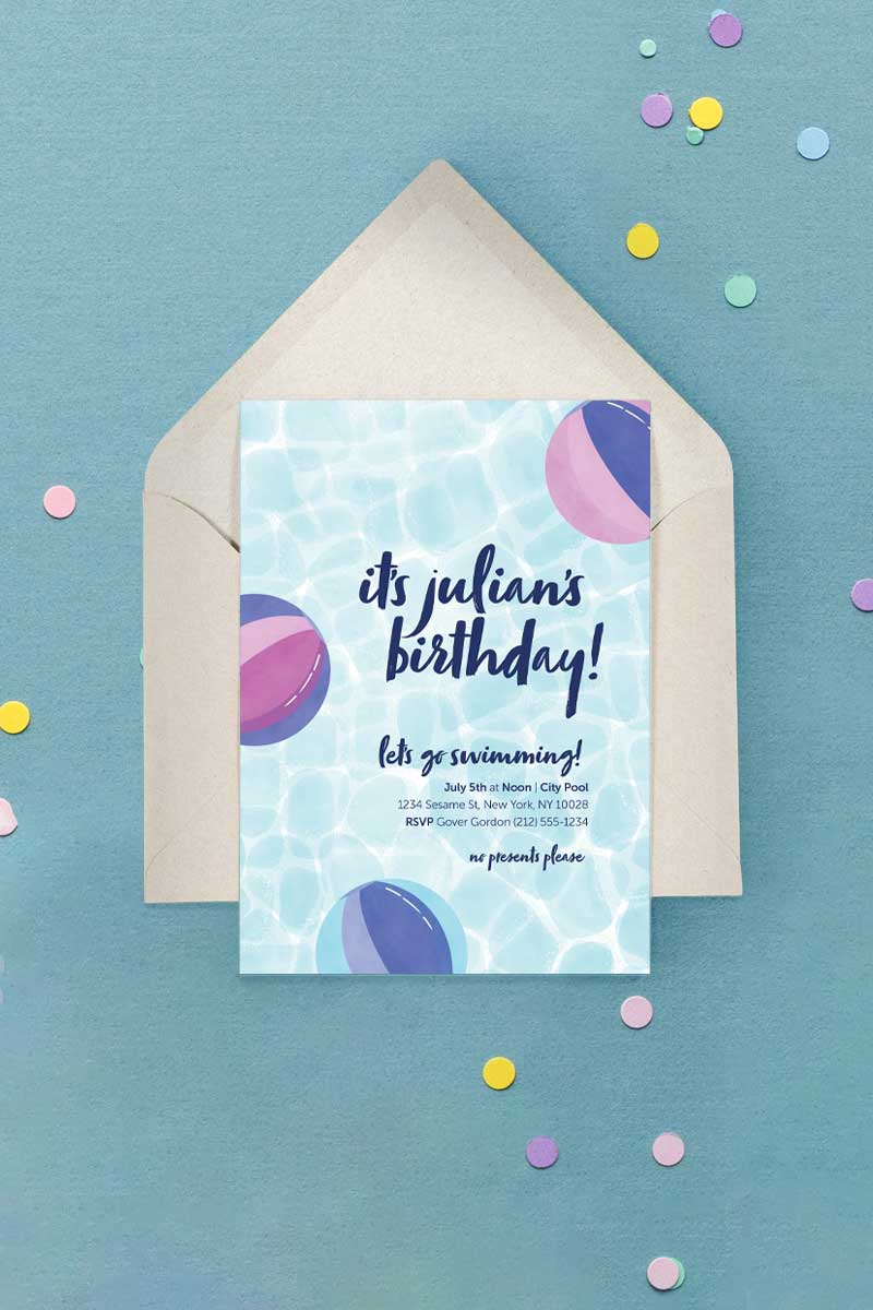 Let's Go Swimming Beachballs Invitation Purple