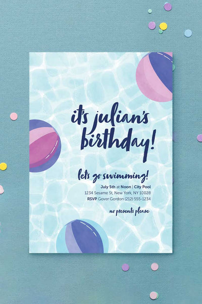 Let's Go Swimming Beachballs Invitation Purple