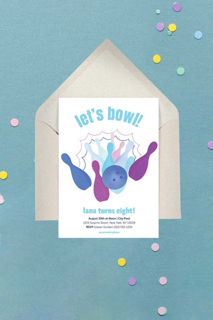 Bowling Birthday Invitation Blue