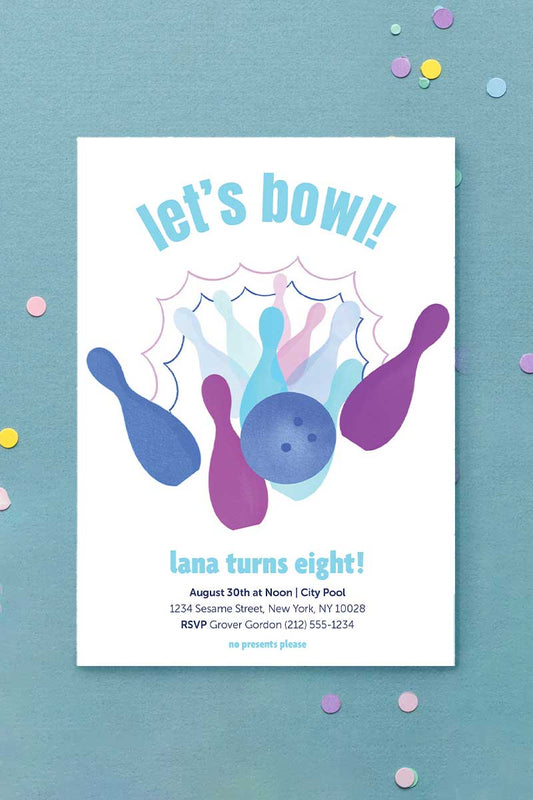 Bowling Birthday Invitation Blue