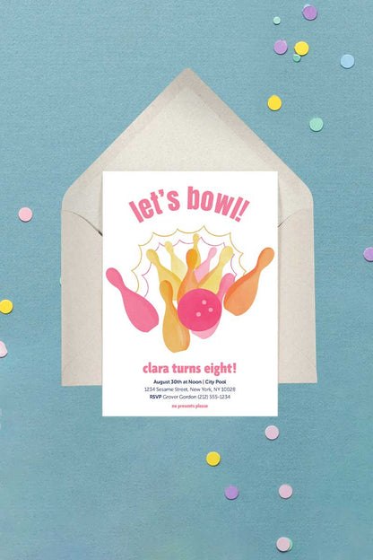 Bowling Birthday Invitation Pink