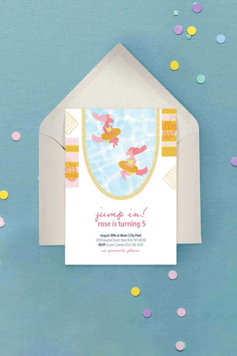 Unicorn Pool Party Invitation Pink